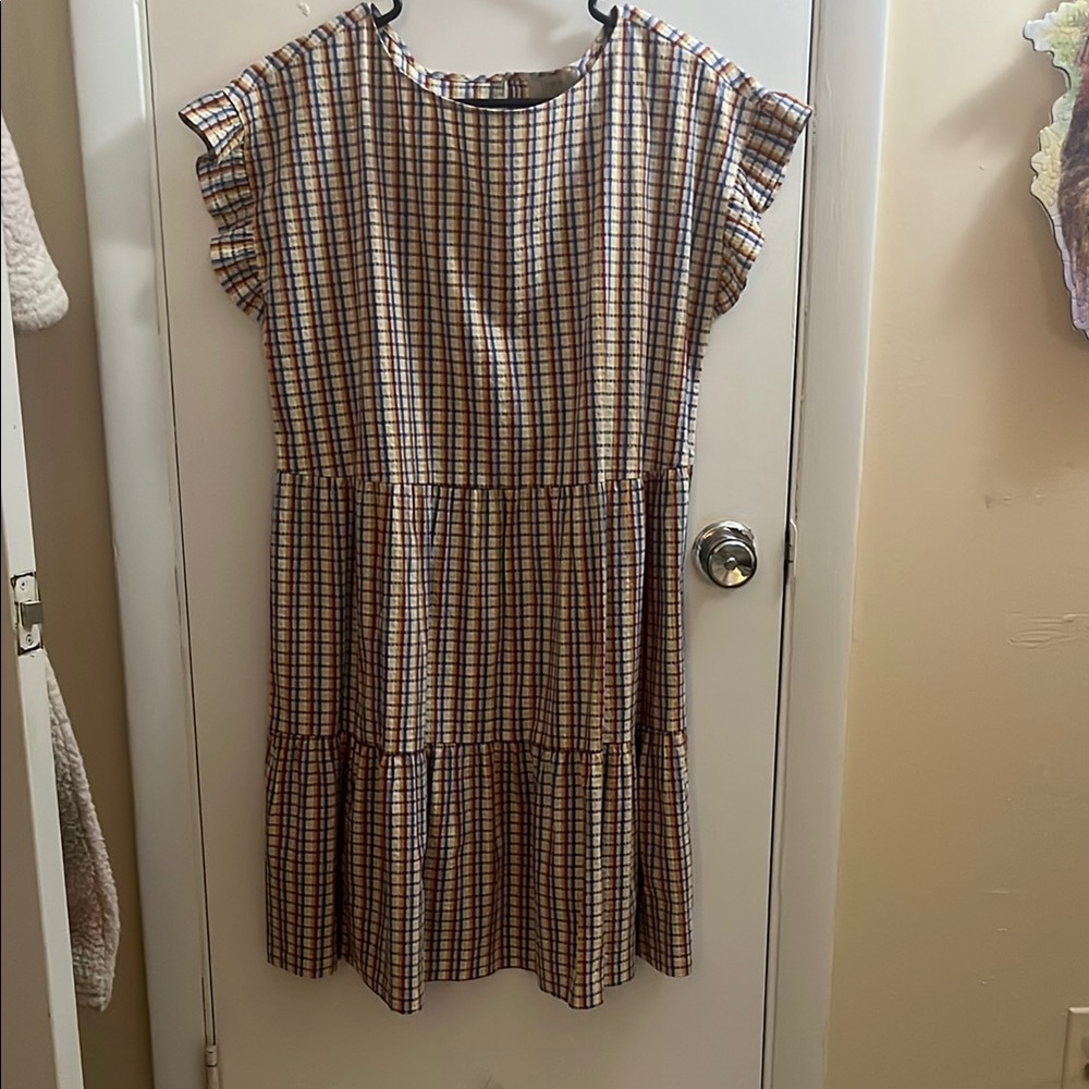 LOFT Plaid Ruffle Sleeve Dress